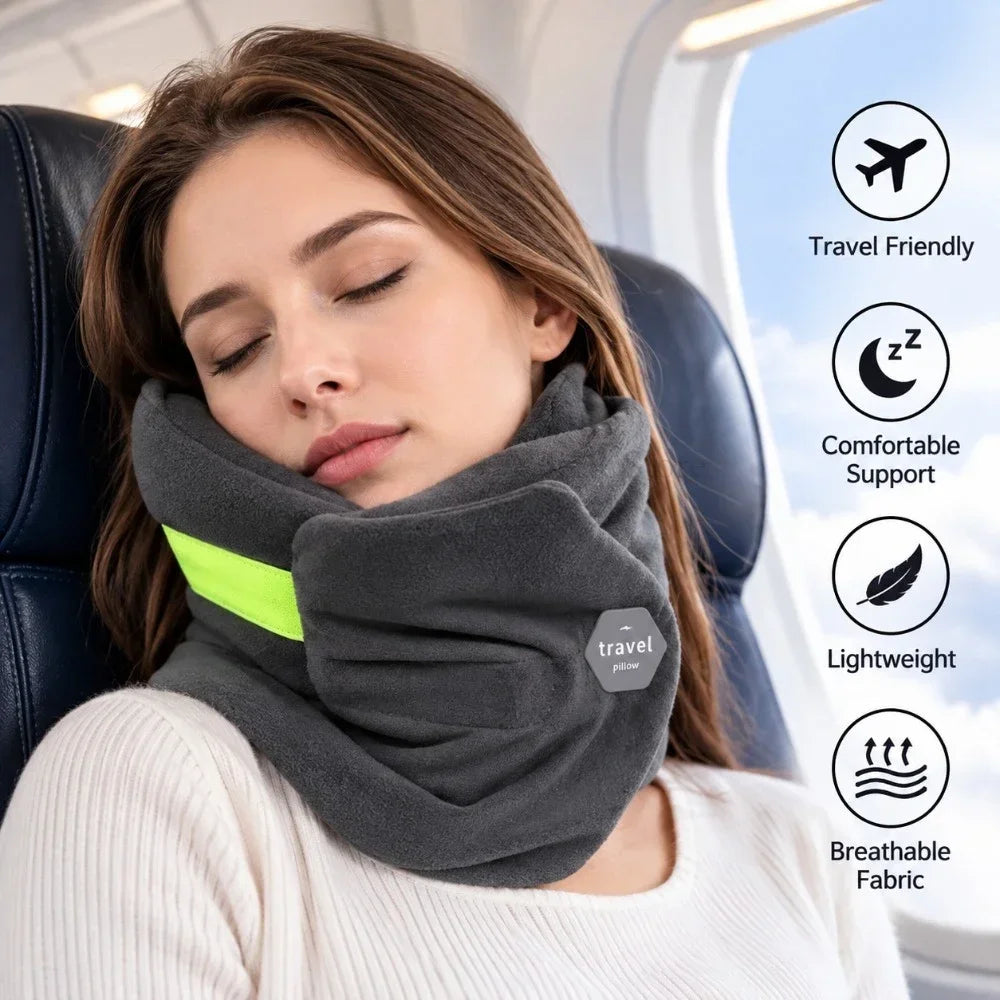 A woman sleeping in an airplane seat wearing a dark gray fleece travel neck warmer with a bright neon green reflective stripe. The right side of the image features a vertical list of product benefits: 'Travel Friendly', 'Comfortable Support', 'Lightweight', and 'Breathable Fabric' with corresponding icons.
