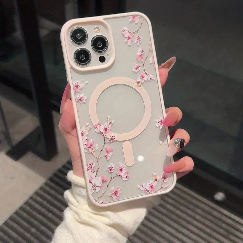 Pink Cherry Floral Magnetic Phone Case for iPhone 17 16 15 14 Pro Max
