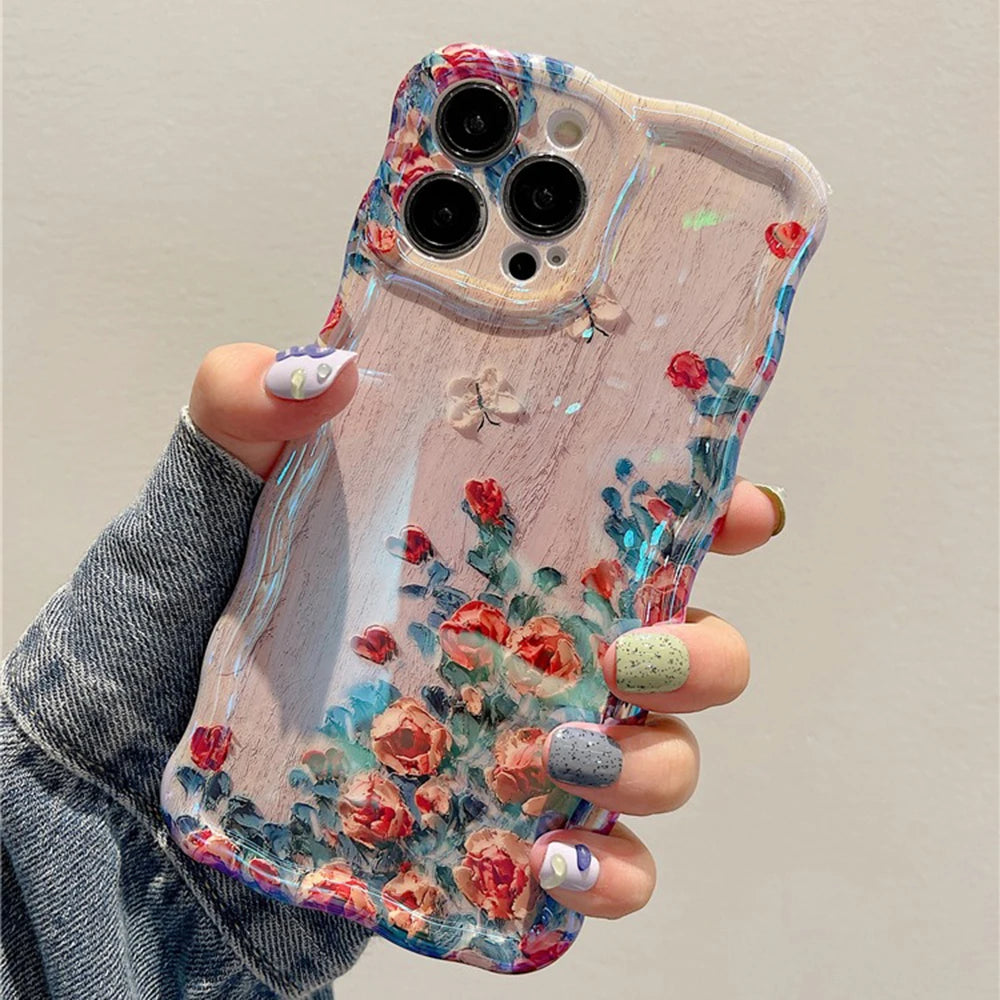 Retro Oil Painting Flower Case for iPhone 16 15 14 13 12 11 Pro Max