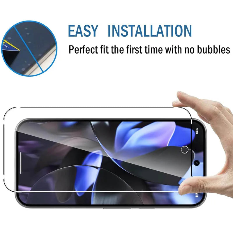 Smartphone with a screen protector being applied, emphasizing easy installation and bubble-free fit.