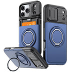 A rugged blue and black phone case shown from multiple angles on a white background, featuring a built-in card slot, circular ring holder, and kickstand.