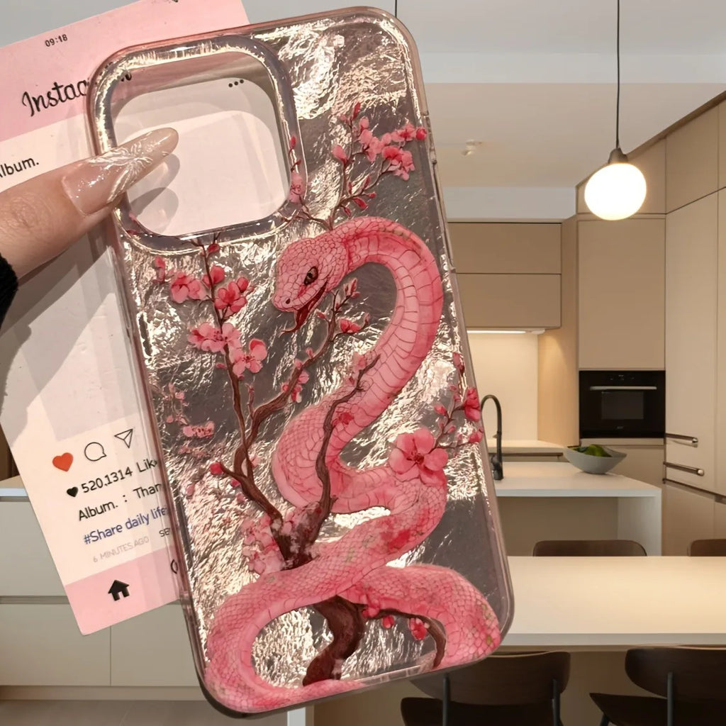 Cute Pink Floral Snake Case for iPhone 16 15 14 13 12 11 Pro Max Cover