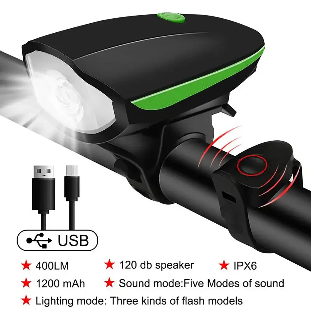 USB Rechargeable Bike Light with Horn Waterproof Headlight