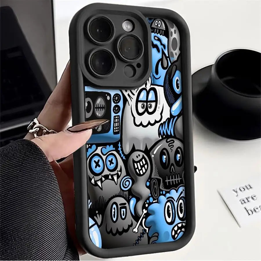 Black Graffiti Silicone Case for iPhone 11 12 13 14 15 16 Pro Max