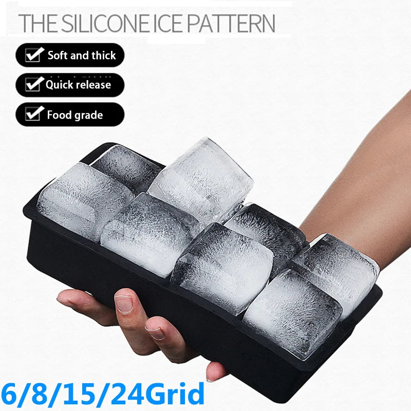 Large Silicone Ice Cube Tray Jumbo Square Ice Maker Mold (4/6/8/15 Grid)