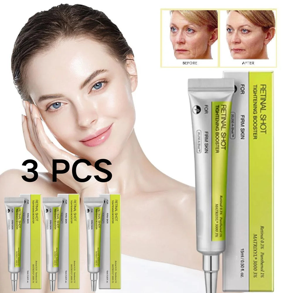Three silver and lime green tubes of ION Final Shot Retining Booster alongside their packaging box, shown next to a model with a clean face and before/after skin comparison images.
