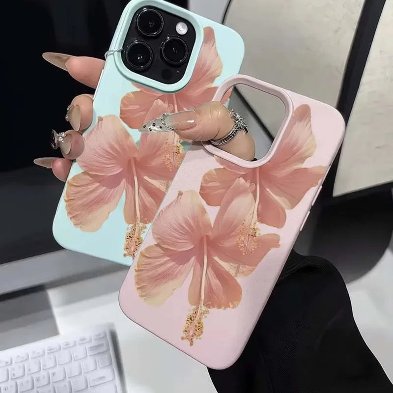 Pink Hibiscus Aesthetic Case for iPhone 11 12 13 14 15 16 Pro Max