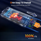 Phone screen protector with installation process illustration on a dark background