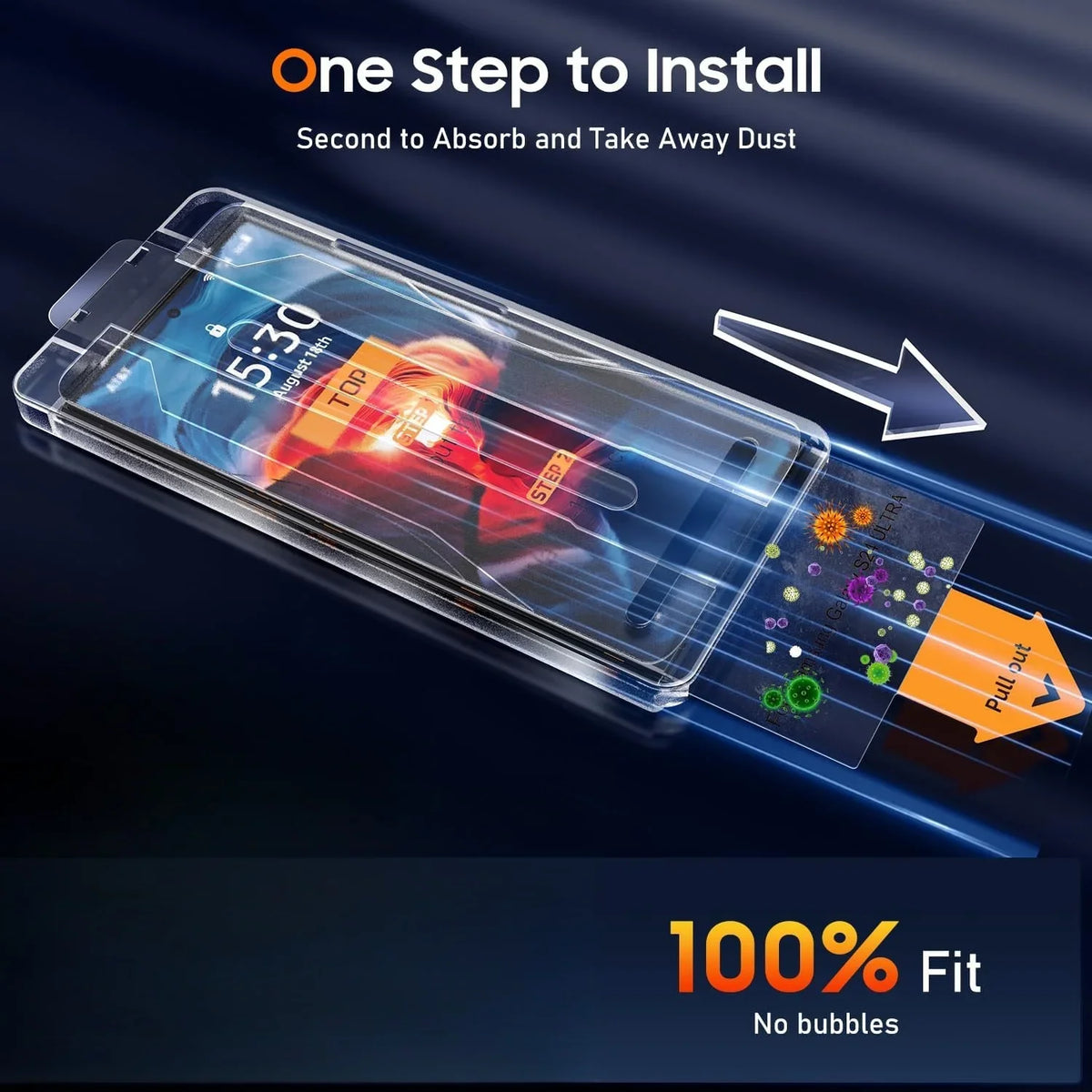 Phone screen protector with installation process illustration on a dark background