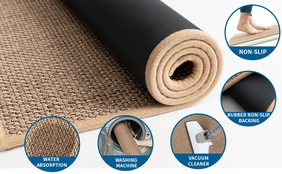 Washable Faux Sisal Kitchen Rug Non-Slip Rubber Back Runner Mat