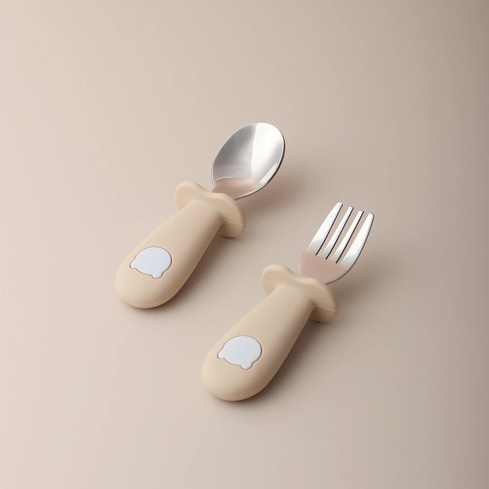 2PCS Baby Learning Spoon & Fork Set Wooden Handle Silicone Cutlery