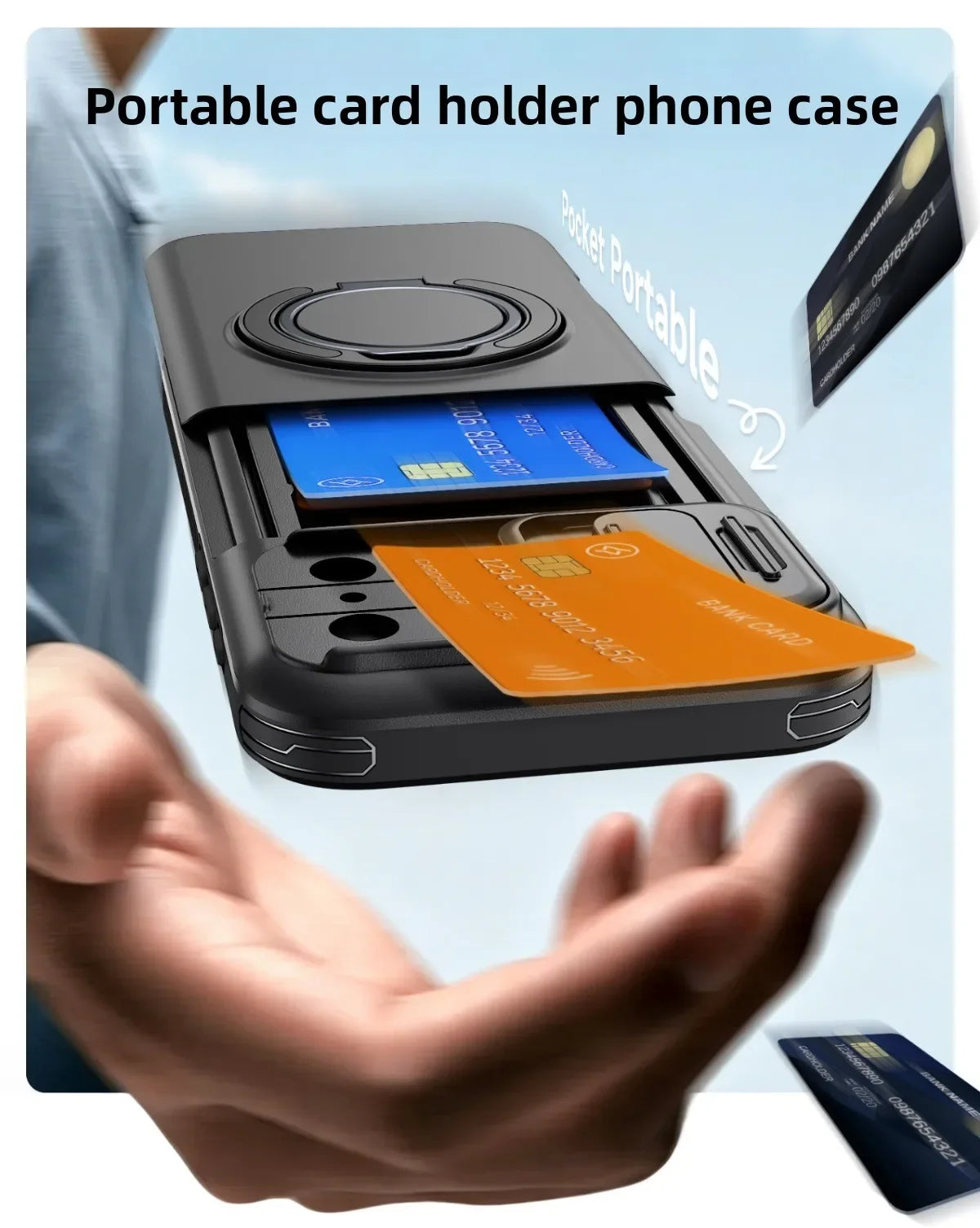 A black portable card holder phone case shown floating over a person's open palm, with cards inserted and several cards floating nearby. Text at the top reads 'Portable card holder phone case'.
