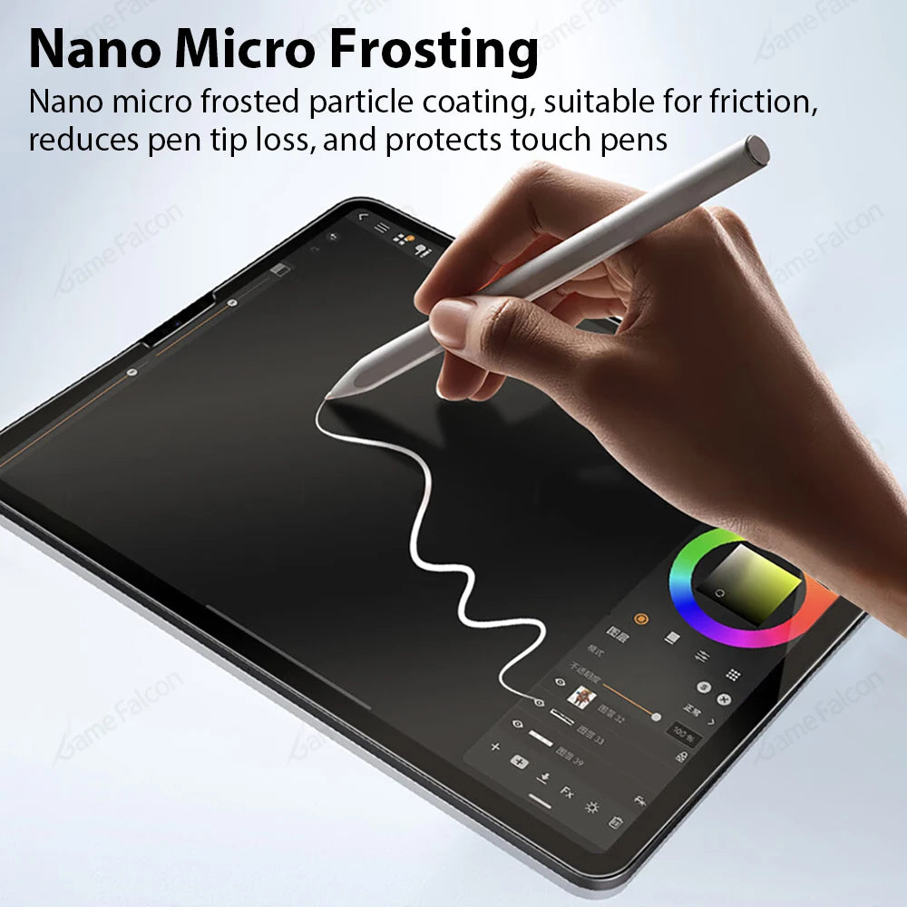 Hand holding a stylus over a tablet with text about nano micro frosting