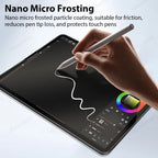 Hand holding a stylus over a tablet with text about nano micro frosting