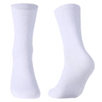 Professional road bike racing socks for men and women featuring high quality white breathable cycling crew socks design