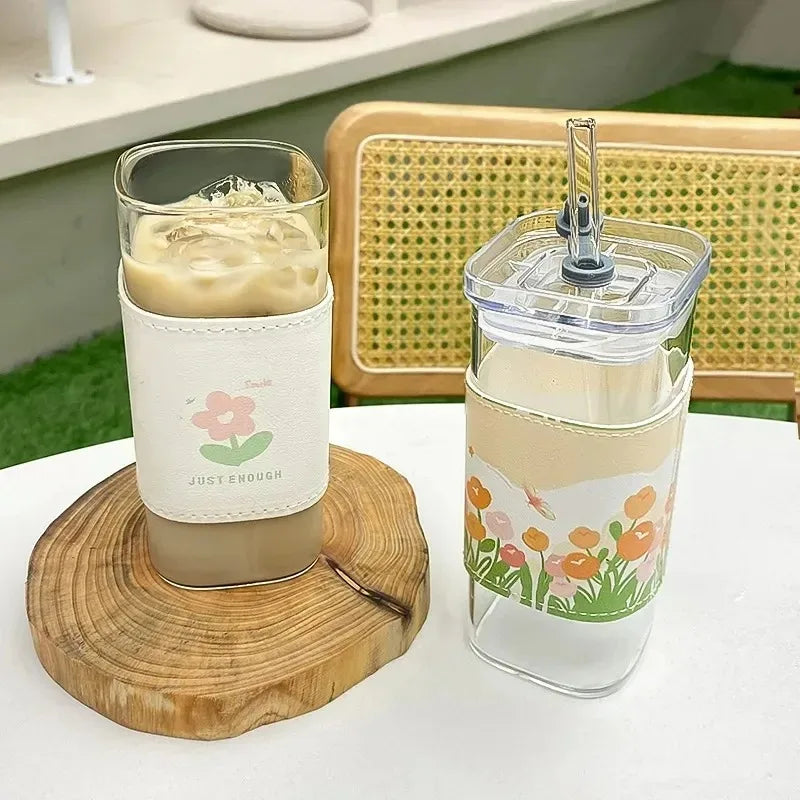 Square Glass Coffee Cup with Straw Heat Resistant Mug with Lid