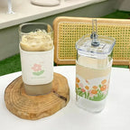 Square Glass Coffee Cup with Straw Heat Resistant Mug with Lid