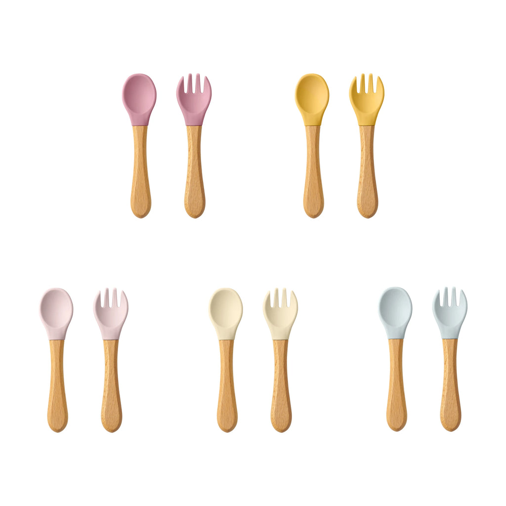 2PCS Baby Learning Spoon & Fork Set Wooden Handle Silicone Cutlery
