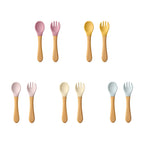 2PCS Baby Learning Spoon & Fork Set Wooden Handle Silicone Cutlery