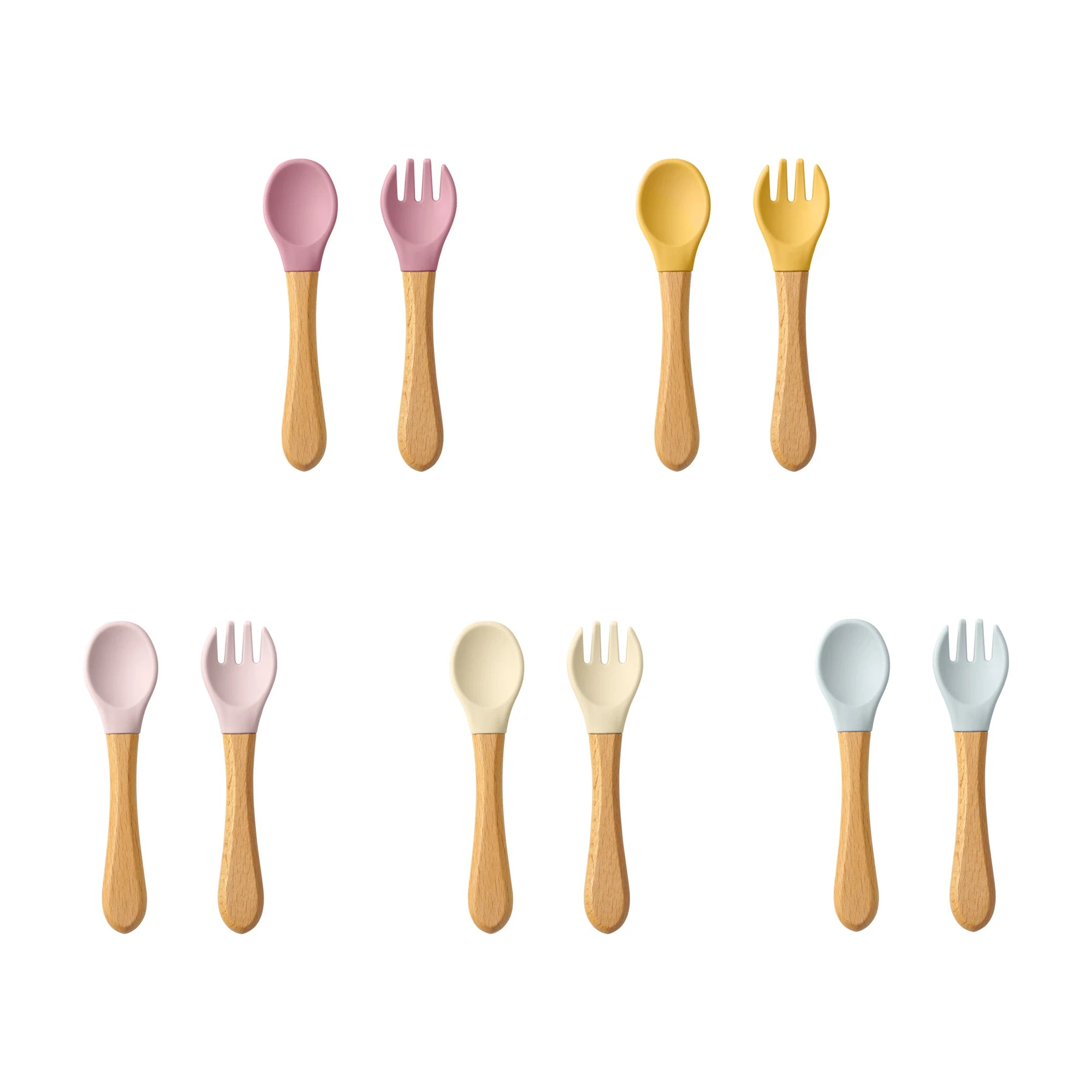 2PCS Baby Learning Spoon & Fork Set Wooden Handle Silicone Cutlery
