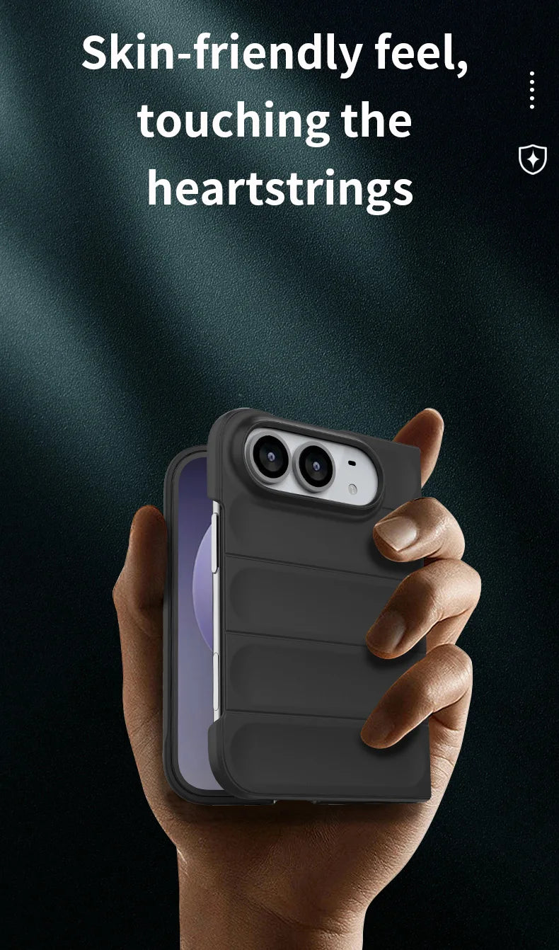 A hand holding a smartphone with a dark gray protective case, set against a dark background with the text 'Skin-friendly feel, touching the heartstrings'.