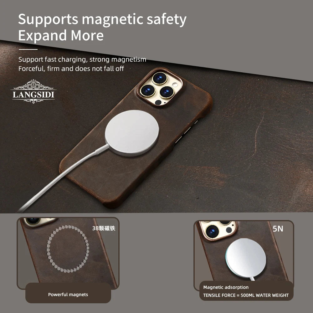 Luxury Full Grain Leather Magsafe Case for iPhone 17 16 15 Pro Max