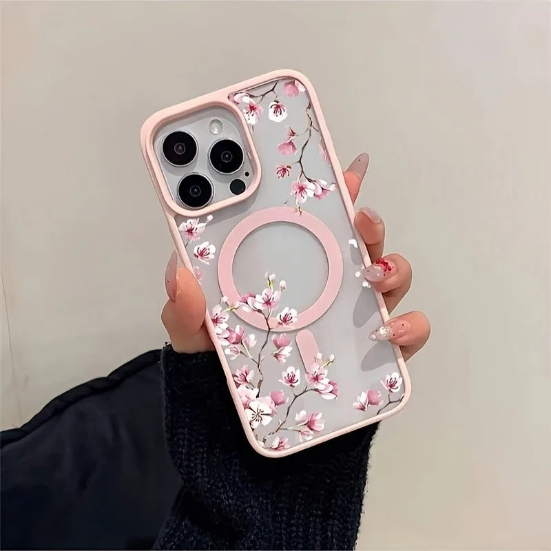 Pink Cherry Floral Magnetic Phone Case for iPhone 17 16 15 14 Pro Max