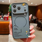 Phone case with space-themed design held by a person in an indoor setting