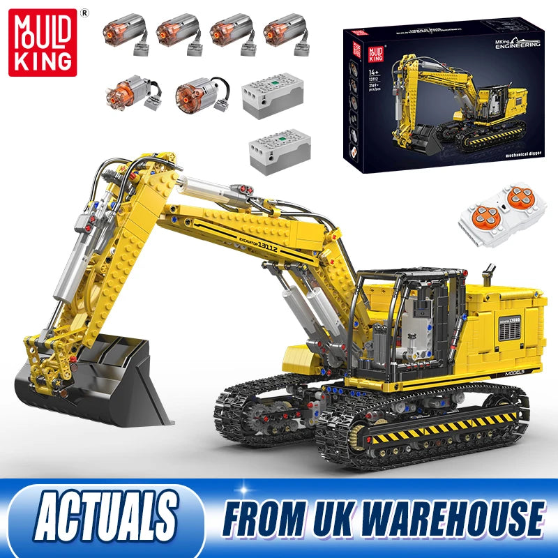 MULD KING building block set of a yellow excavator, featuring the assembled toy, its retail box, remote control, and various electronic motor components on a white background with a blue 'ACTUALS FROM UK WAREHOUSE' banner.