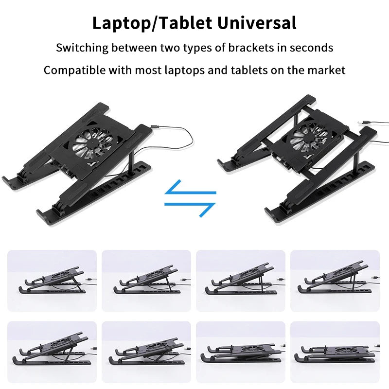 Laptop cooling pad stand featuring adjustable height levels for laptops and tablets