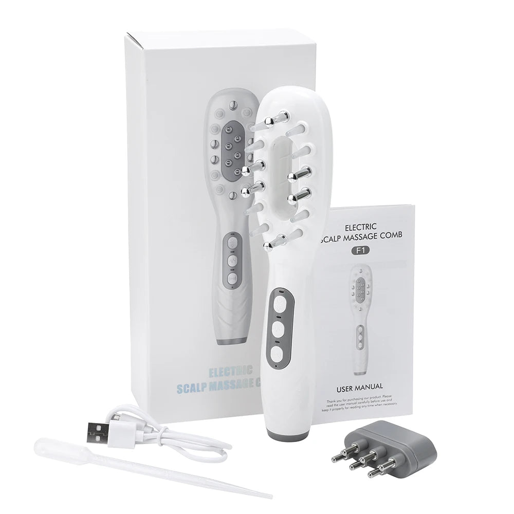 Electric scalp massage comb with packaging, user manual, USB cable, and plug on a white background