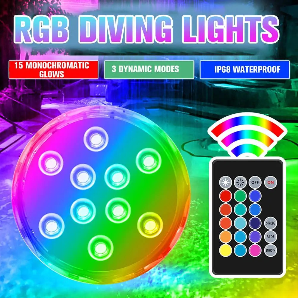 10 Color Changing Submersible LED Pool Lights with Remote