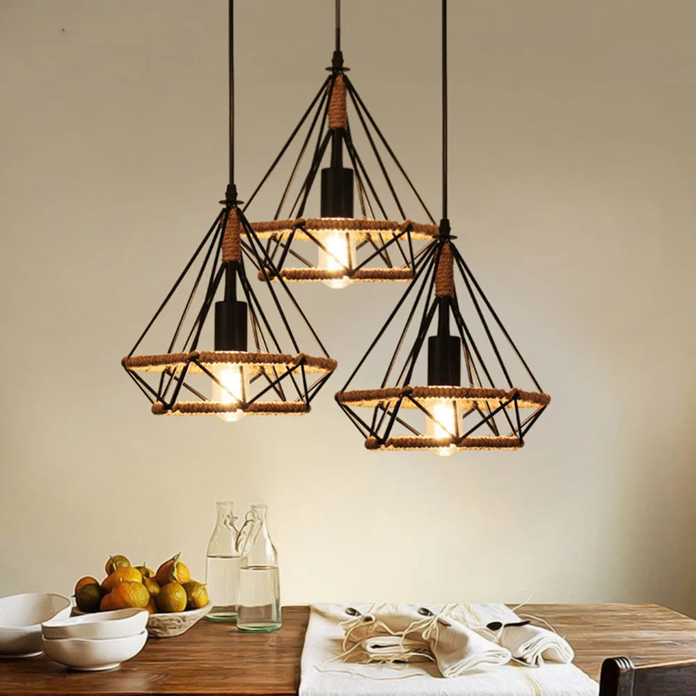 E27 Industrial Loft Pendant Light with Hemp Rope Design