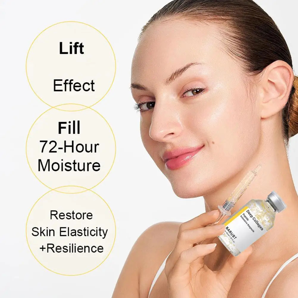 smiling woman showing a smooth radiant complexion after using anti-ageing collagen peptide serum
