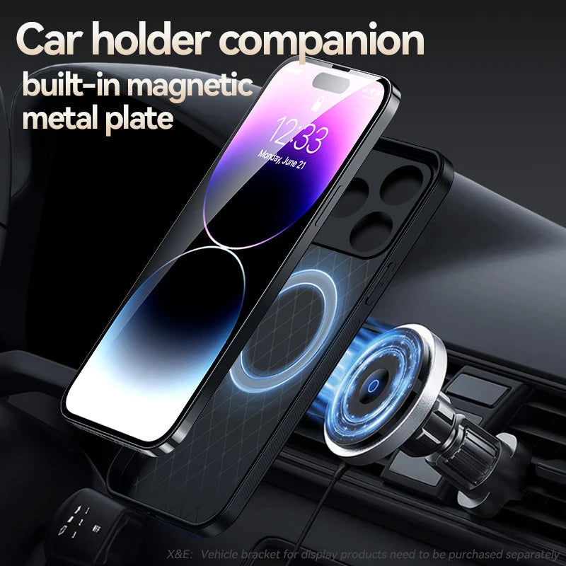 Car phone holder with built-in magnetic metal plate on a car dashboard