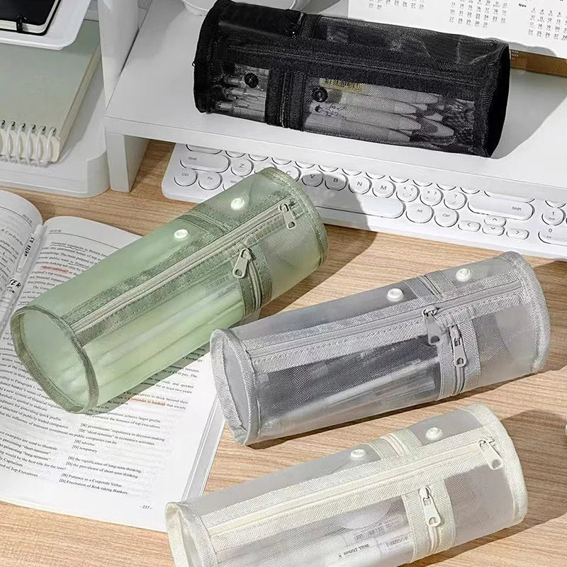 Clear Mesh Pencil Case Portable Standing Pen Holder Organizer