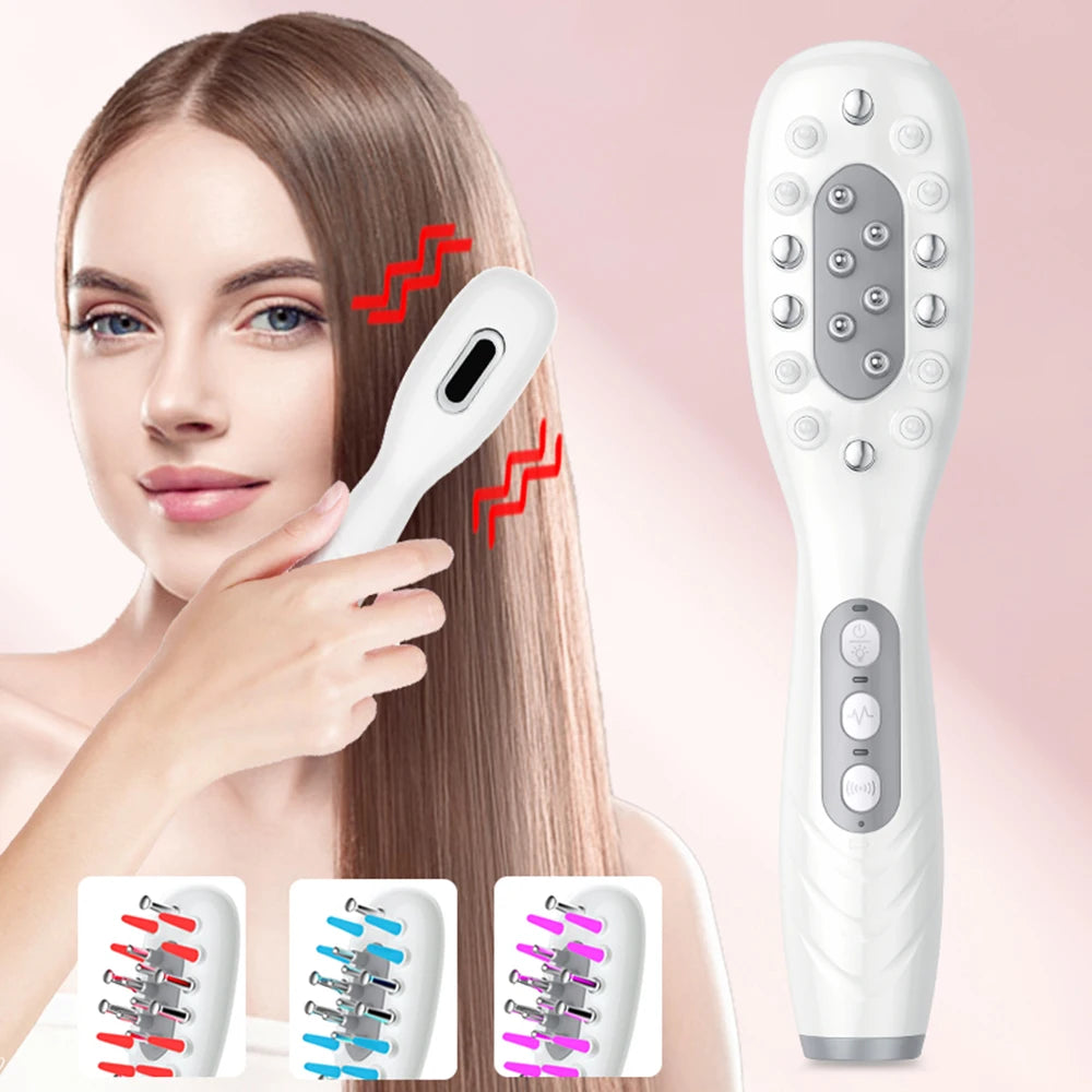 Woman using a hair straightening device with close-up details on a pink background