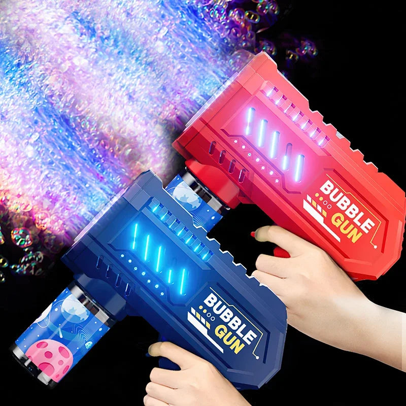 bubble gun for kids in red and blue held in hands blowing glowing bubble clouds for outdoor play