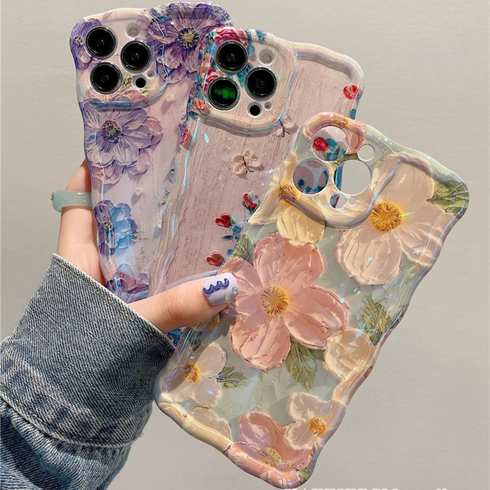 Retro Oil Painting Flower Case for iPhone 16 15 14 13 12 11 Pro Max