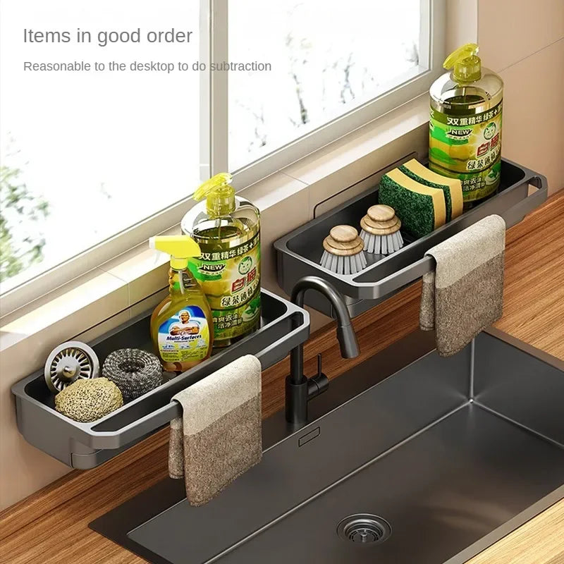 Self-Draining Kitchen Sink Organizer Sponge & Soap Faucet Shelf