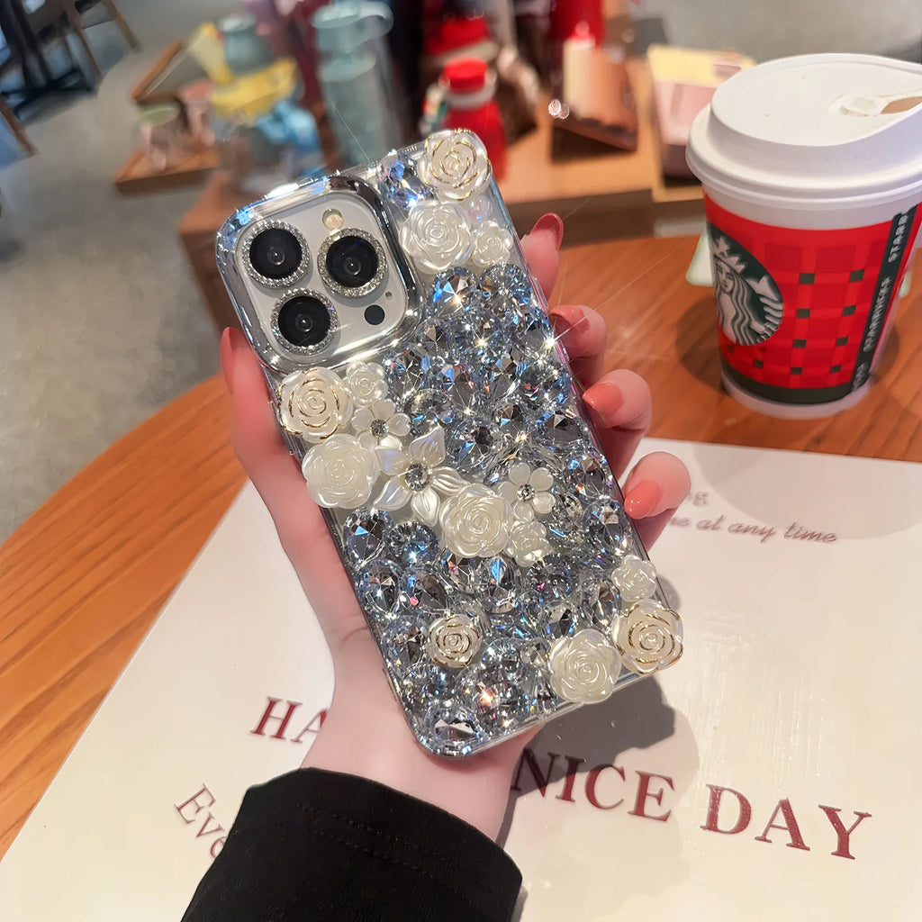 Luxury Bling Diamond Flower Case for iPhone 17 16 15 14 13 12 Pro Max