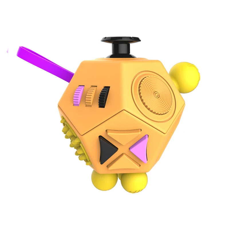 Yellow and orange toy with purple accents on a white background
