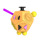 Yellow and orange toy with purple accents on a white background