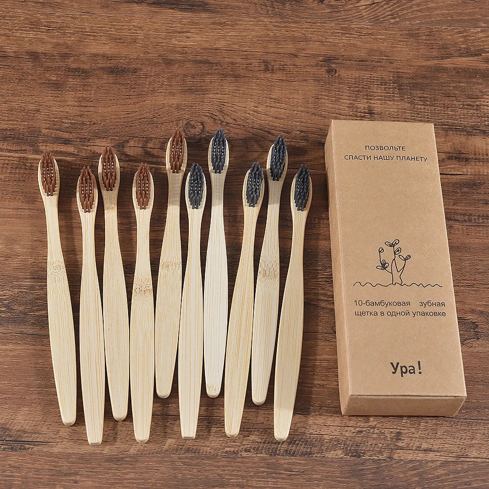 10PCS Bamboo Toothbrush Set Soft Charcoal Bristle Eco Dental Care