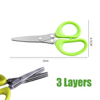 Green-handled scissors with measurements and text on a white background