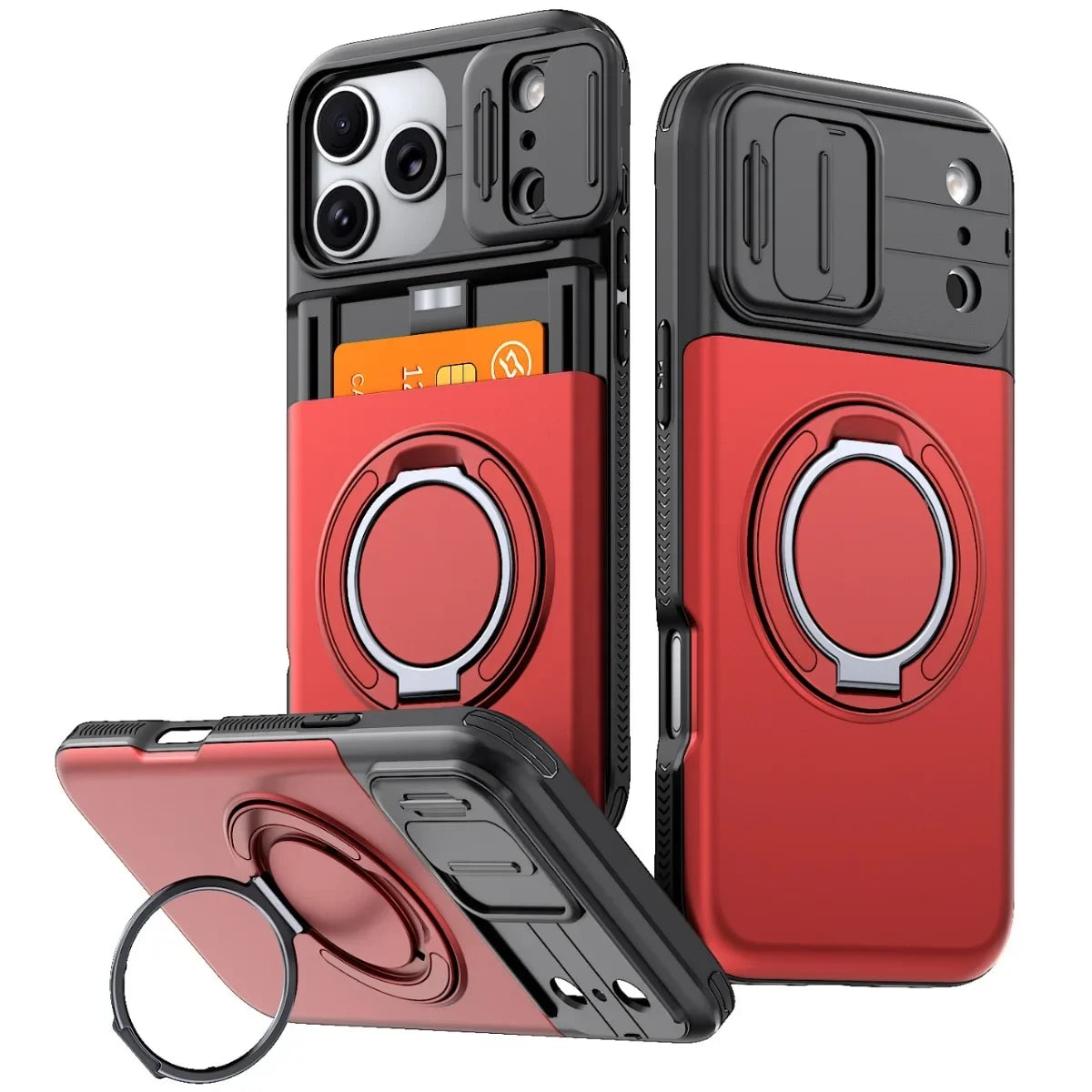Red phone case with card holder and ring stand on a white background