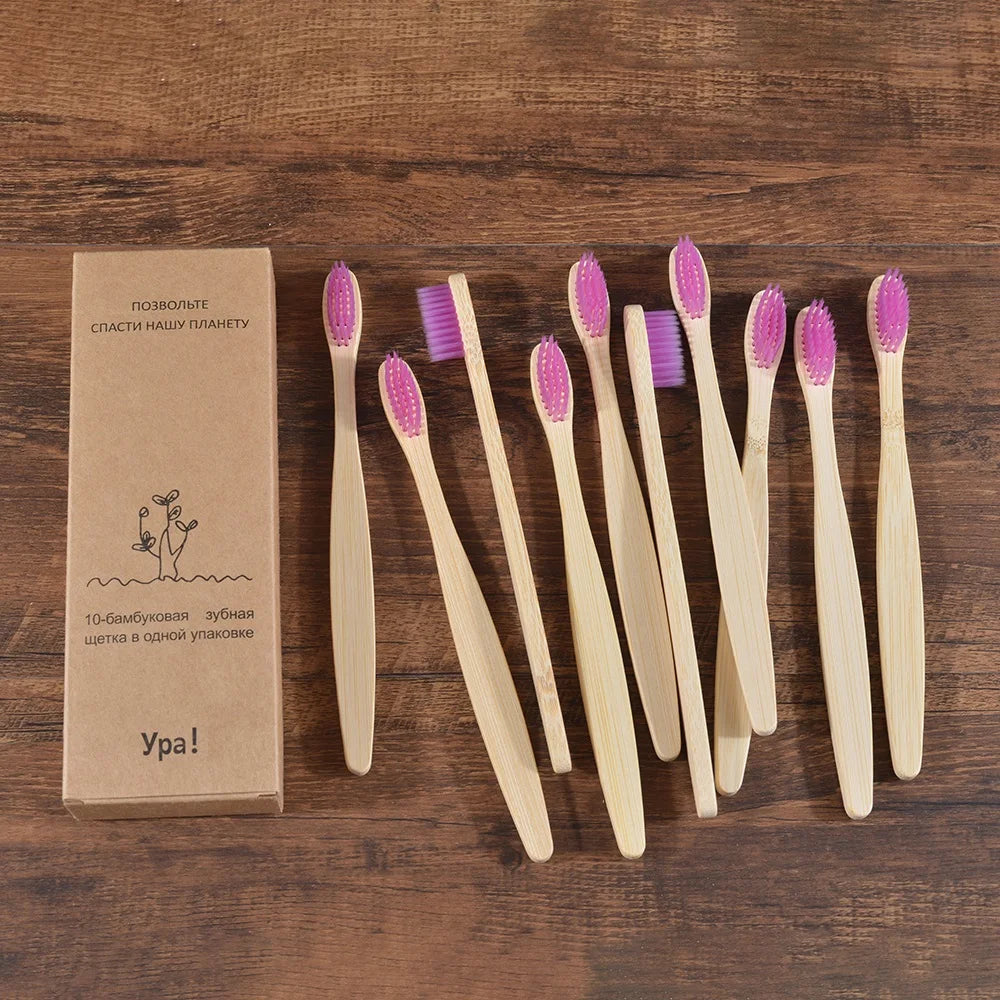 10PCS Bamboo Toothbrush Set Soft Charcoal Bristle Eco Dental Care