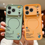 Two phone cases, one green and one orange, held by a person.