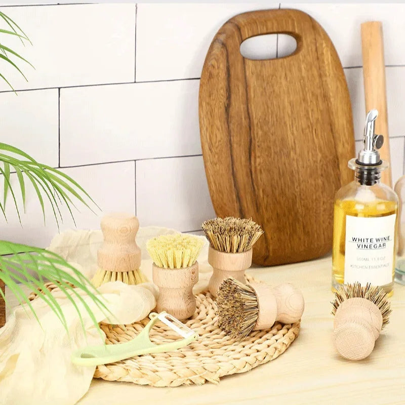 Natural Sisal Dish Brush Wooden Pot Scrubber