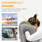Ergonomic travel pillow with text on its benefits and usage scenarios.